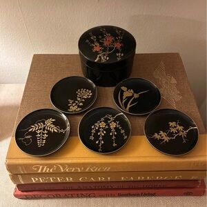 Japanese Black & Gold Lacquer Coaster Set (5 Coasters + Holder)
